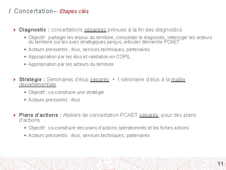 / Concertation– Etapes clés 4 Diagnostic : concertations séparées prévues à la fin des