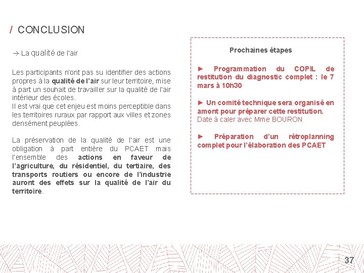 / CONCLUSION La qualité de l’air Les participants n’ont pas su identifier des actions