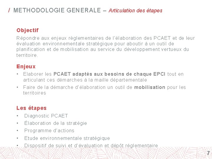 / METHODOLOGIE GENERALE – Articulation des étapes Objectif Répondre aux enjeux règlementaires de l’élaboration