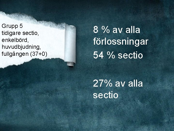 Grupp 5 tidigare sectio, enkelbörd, huvudbjudning, fullgången (37+0) 8 % av alla förlossningar 54