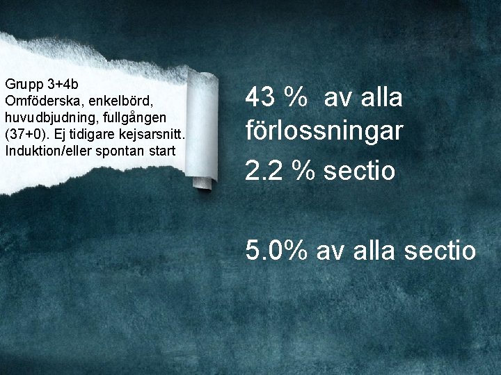 Grupp 3+4 b Omföderska, enkelbörd, huvudbjudning, fullgången (37+0). Ej tidigare kejsarsnitt. Induktion/eller spontan start