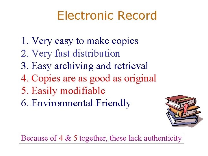 Electronic Record 1. Very easy to make copies 2. Very fast distribution 3. Easy