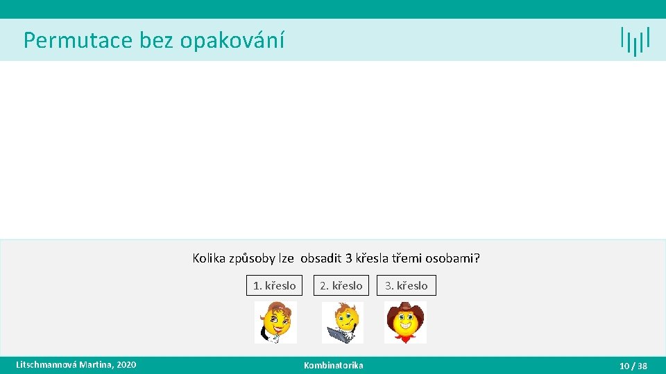 Permutace bez opakování Kolika způsoby lze obsadit 3 křesla třemi osobami? 1. křeslo Litschmannová