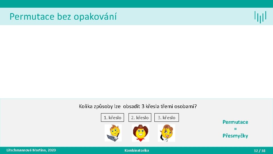 Permutace bez opakování Kolika způsoby lze obsadit 3 křesla třemi osobami? 1. křeslo Litschmannová