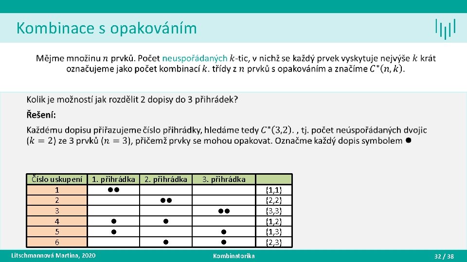 Kombinace s opakováním • Číslo uskupení 1 2 3 4 5 6 1. přihrádka