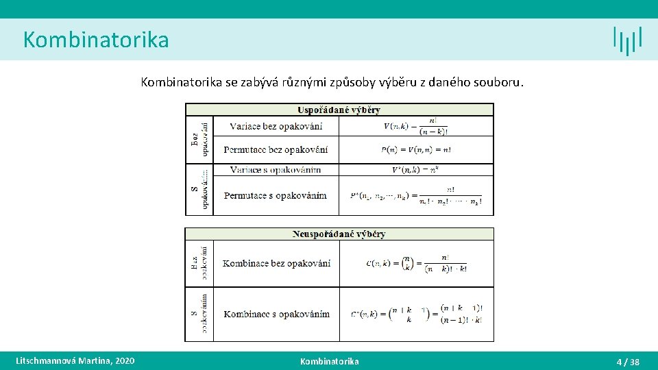 Kombinatorika se zabývá různými způsoby výběru z daného souboru. Litschmannová Martina, 2020 Kombinatorika 4