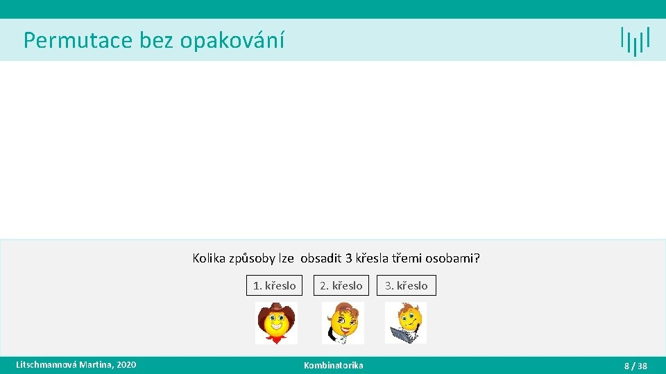 Permutace bez opakování Kolika způsoby lze obsadit 3 křesla třemi osobami? 1. křeslo Litschmannová