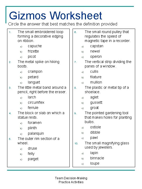 Gizmos Worksheet Circle the answer that best matches the definition provided 1. 2. 3.