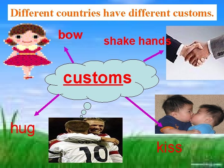 Different countries have different customs. bow shake hands customs hug kiss 