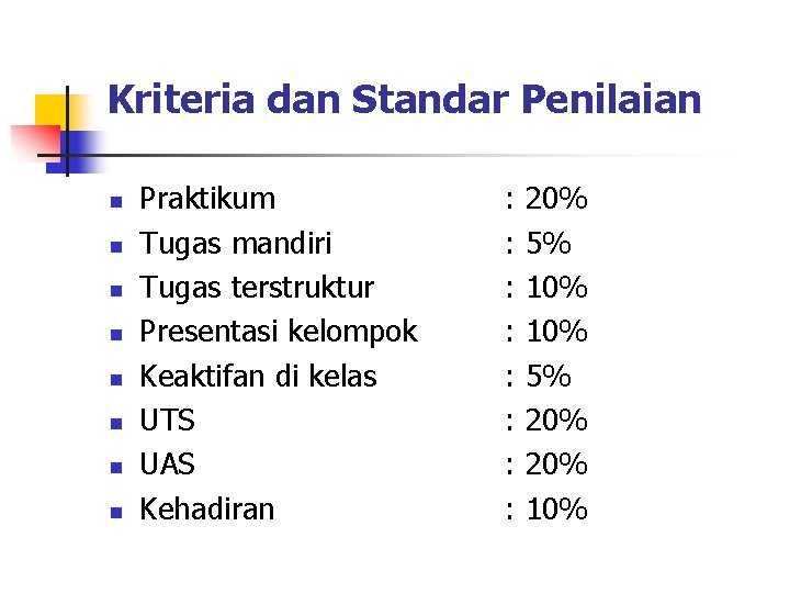 Kriteria dan Standar Penilaian n n n n Praktikum Tugas mandiri Tugas terstruktur Presentasi