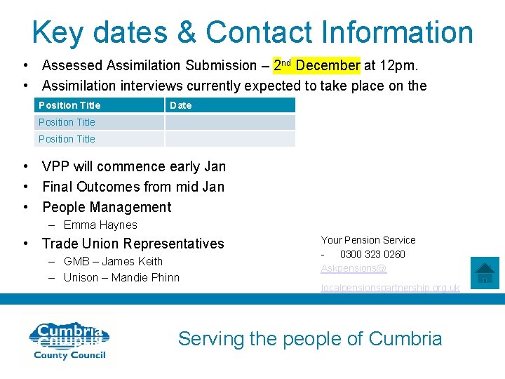 Key dates & Contact Information • Assessed Assimilation Submission – 2 nd December at