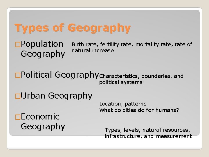 Types of Geography �Population Geography �Political �Urban Birth rate, fertility rate, mortality rate, rate
