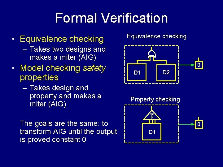 Formal Verification • Equivalence checking – Takes two designs and makes a miter (AIG)
