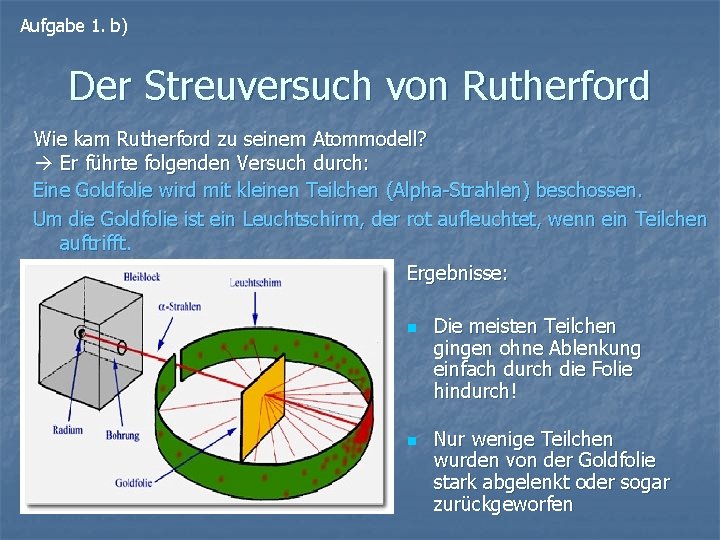 Aufgabe 1. b) Der Streuversuch von Rutherford Wie kam Rutherford zu seinem Atommodell? Er