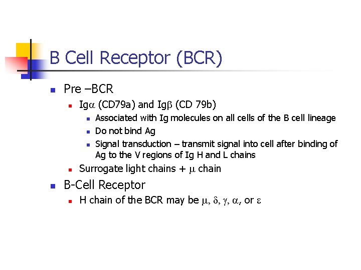 B Cell Receptor (BCR) n Pre –BCR n Iga (CD 79 a) and Igb