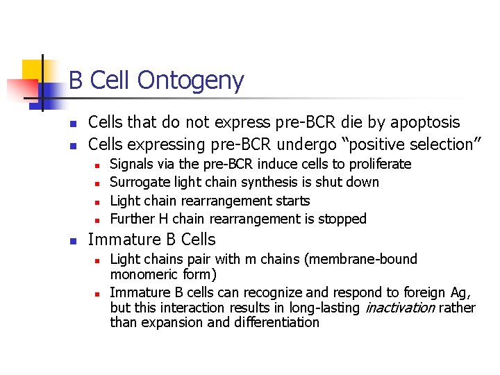 B Cell Ontogeny n n Cells that do not express pre-BCR die by apoptosis