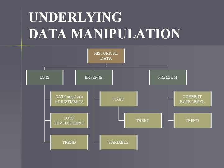 UNDERLYING DATA MANIPULATION HISTORICAL DATA LOSS EXPENSE CAT/Large Loss ADJUSTMENTS PREMIUM LOSS DEVELOPMENT TREND
