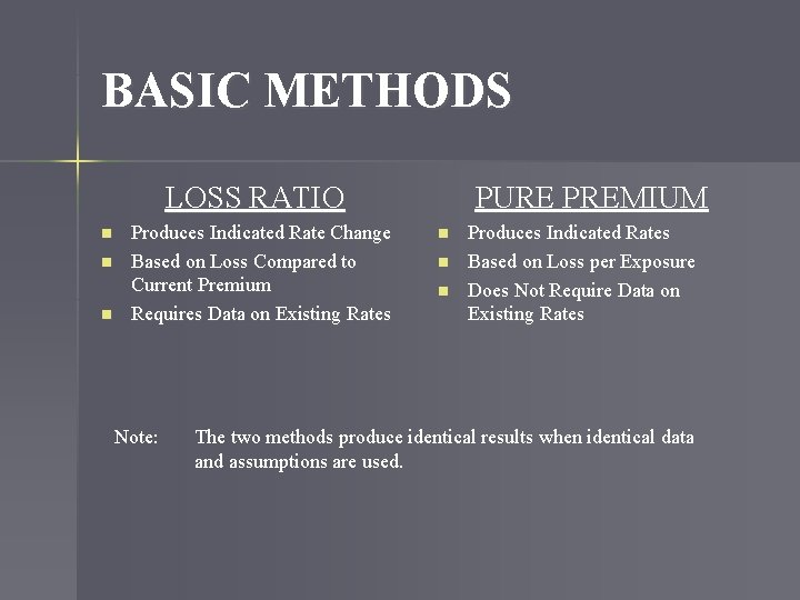 BASIC METHODS LOSS RATIO n n n Produces Indicated Rate Change Based on Loss