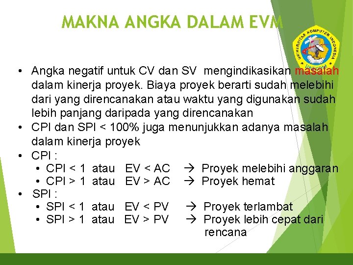 MAKNA ANGKA DALAM EVM 30 • Angka negatif untuk CV dan SV mengindikasikan masalah