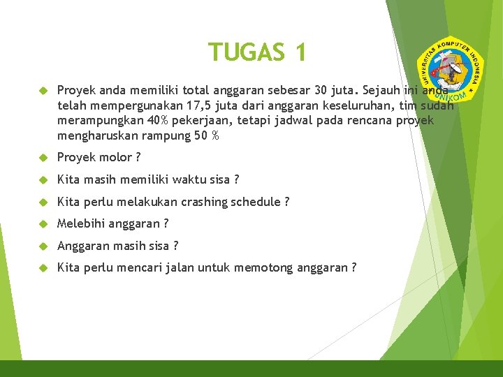 TUGAS 1 Proyek anda memiliki total anggaran sebesar 30 juta. Sejauh ini anda telah