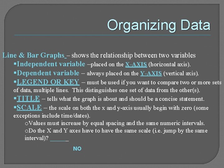 Organizing Data Line & Bar Graphs – shows the relationship between two variables Independent