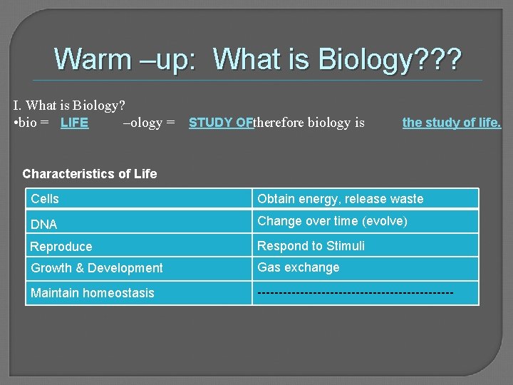 Warm –up: What is Biology? ? ? I. What is Biology? • bio =