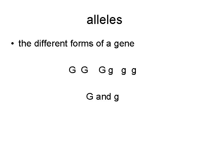 alleles • the different forms of a gene G G Gg g g G