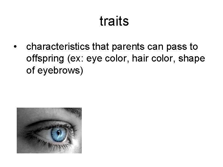 traits • characteristics that parents can pass to offspring (ex: eye color, hair color,