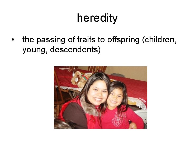 heredity • the passing of traits to offspring (children, young, descendents) 