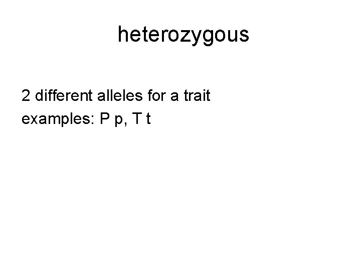 heterozygous 2 different alleles for a trait examples: P p, T t 