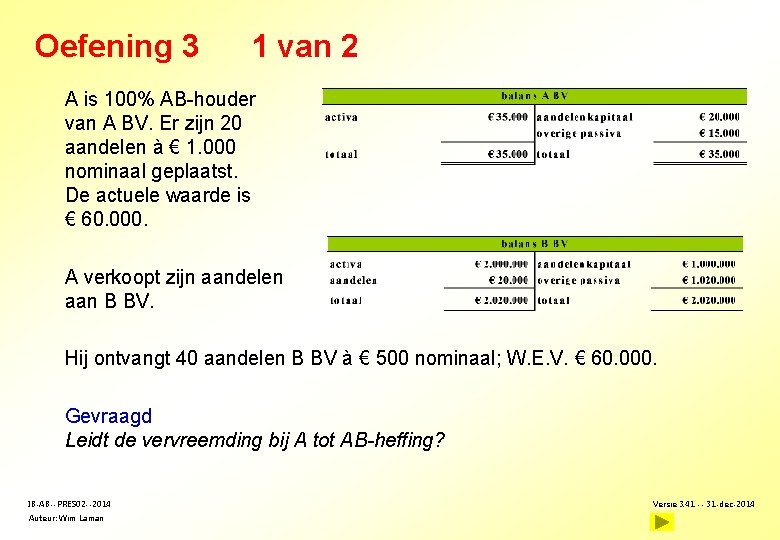 Oefening 3 1 van 2 A is 100% AB-houder van A BV. Er zijn