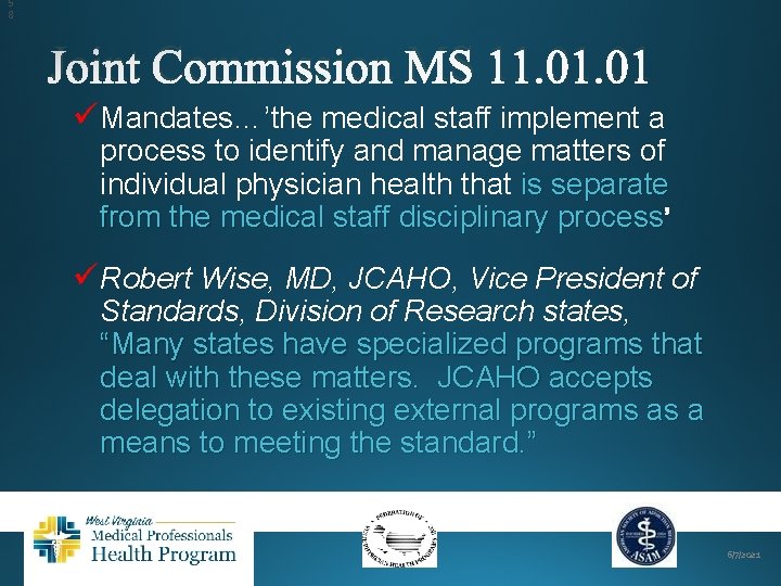 5 8 Joint Commission MS 11. 01 üMandates…’the medical staff implement a process to