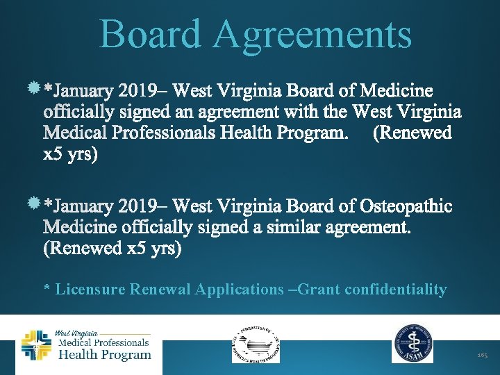 Board Agreements * Licensure Renewal Applications –Grant confidentiality 165 