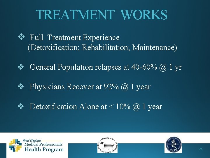TREATMENT WORKS v Full Treatment Experience (Detoxification; Rehabilitation; Maintenance) v General Population relapses at