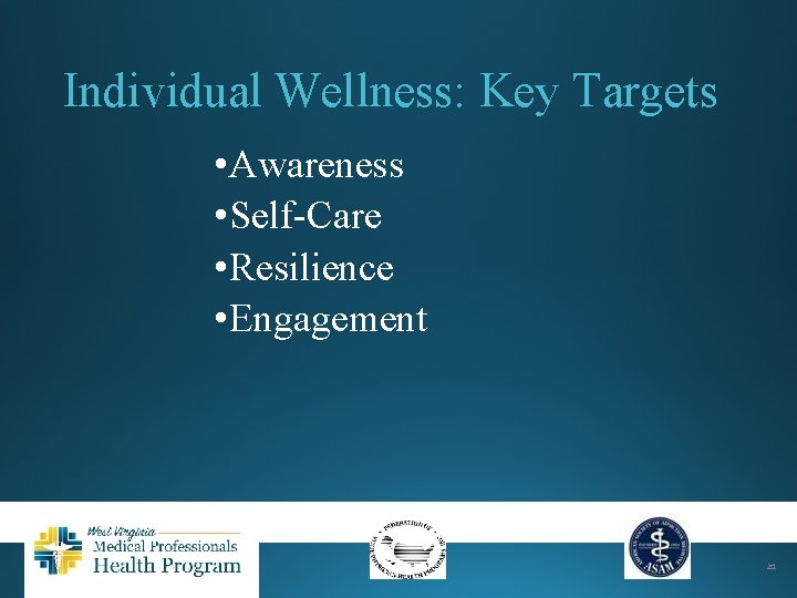 Individual Wellness: Key Targets • Awareness • Self-Care • Resilience • Engagement 21 