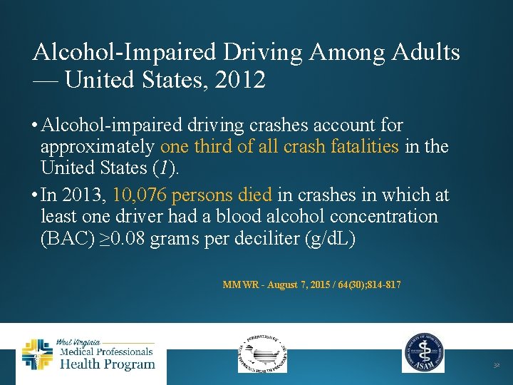 Alcohol-Impaired Driving Among Adults — United States, 2012 • Alcohol-impaired driving crashes account for