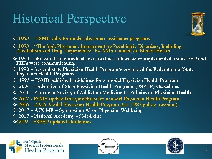 Historical Perspective v 1953 – FSMB calls for model physician assistance programs v 1973