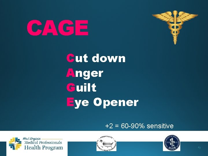 CAGE Cut down Anger Guilt Eye Opener +2 = 60 -90% sensitive 63 