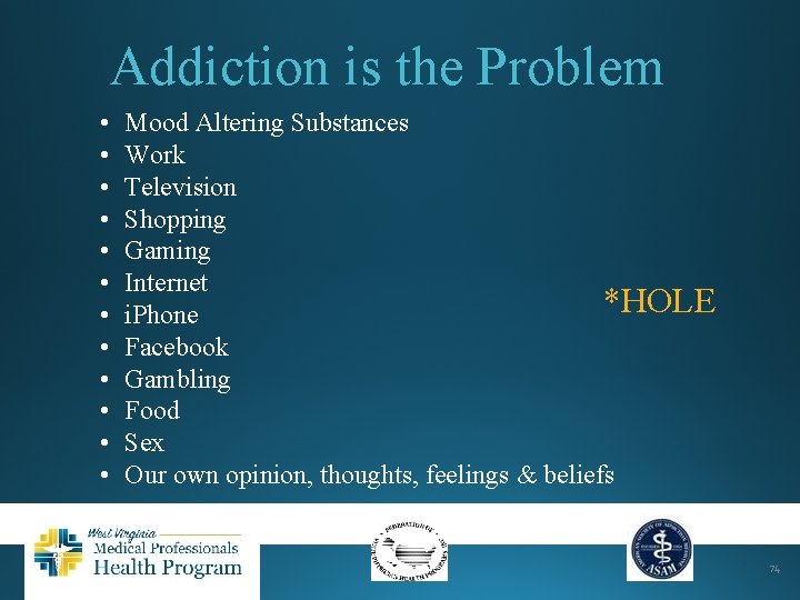 Addiction is the Problem • • • Mood Altering Substances Work Television Shopping Gaming