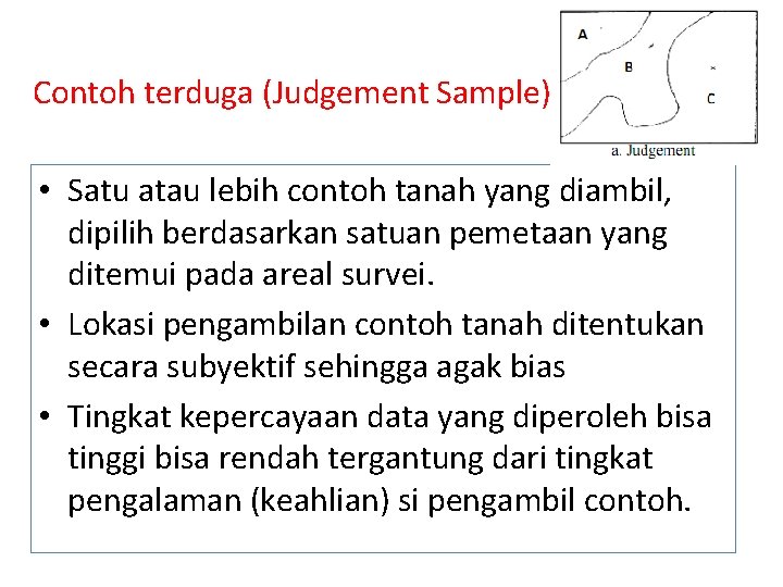 Contoh terduga (Judgement Sample) • Satu atau lebih contoh tanah yang diambil, dipilih berdasarkan