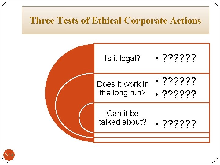 Three Tests of Ethical Corporate Actions 2 -14 Is it legal? • ? ?