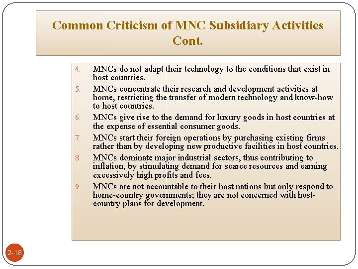 Common Criticism of MNC Subsidiary Activities Cont. 4. 5. 6. 7. 8. 9. 2