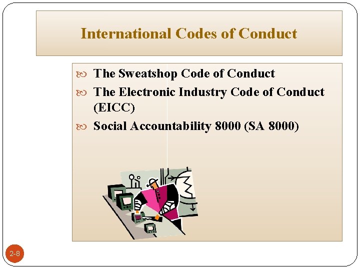 International Codes of Conduct The Sweatshop Code of Conduct The Electronic Industry Code of