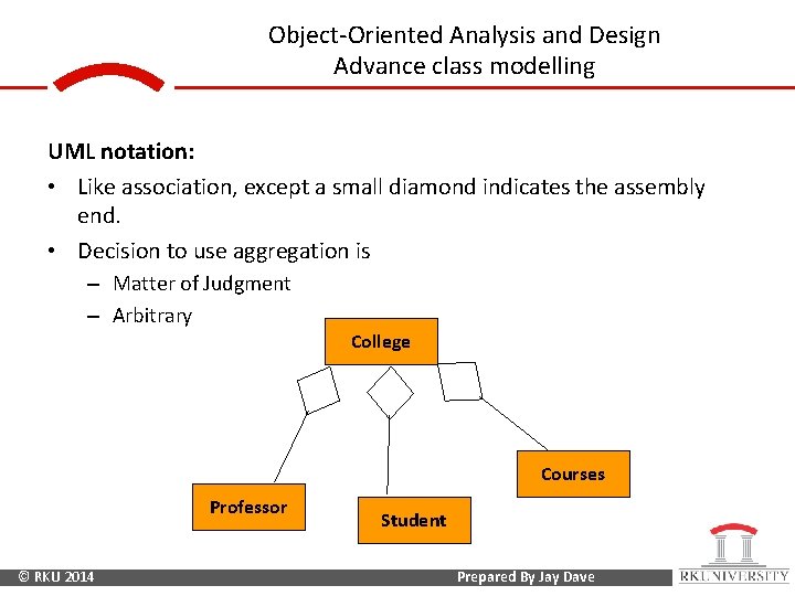 Object-Oriented Analysis and Design Advance class modelling UML notation: • Like association, except a