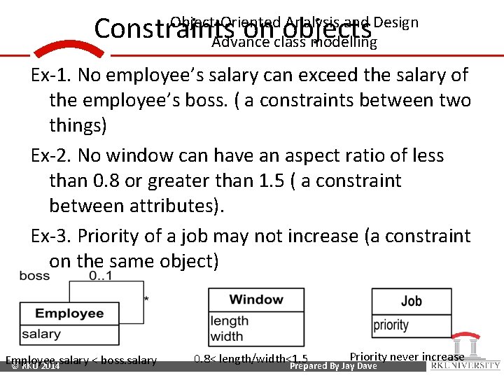 Constraints on objects Object-Oriented Analysis and Design Advance class modelling Ex-1. No employee’s salary