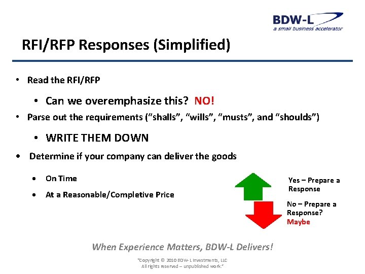 RFI/RFP Responses (Simplified) • Read the RFI/RFP • Can we overemphasize this? NO! •