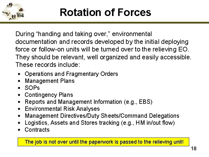 Rotation of Forces During “handing and taking over, ” environmental documentation and records developed