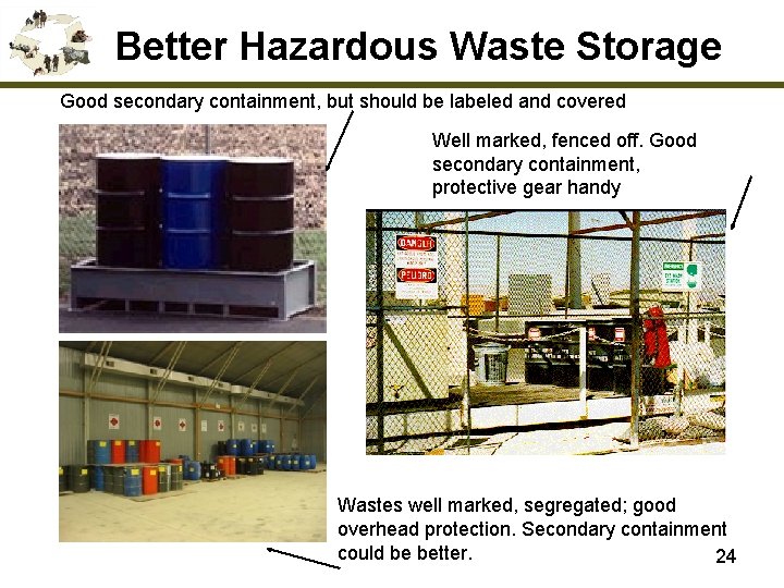 Better Hazardous Waste Storage Good secondary containment, but should be labeled and covered Well
