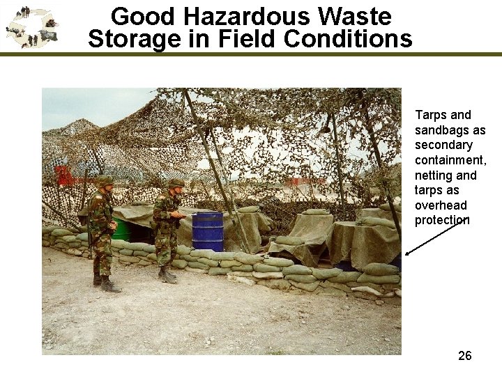 Good Hazardous Waste Storage in Field Conditions Tarps and sandbags as secondary containment, netting