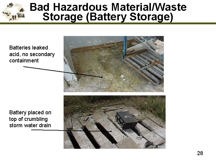 Bad Hazardous Material/Waste Storage (Battery Storage) Batteries leaked acid, no secondary containment Battery placed